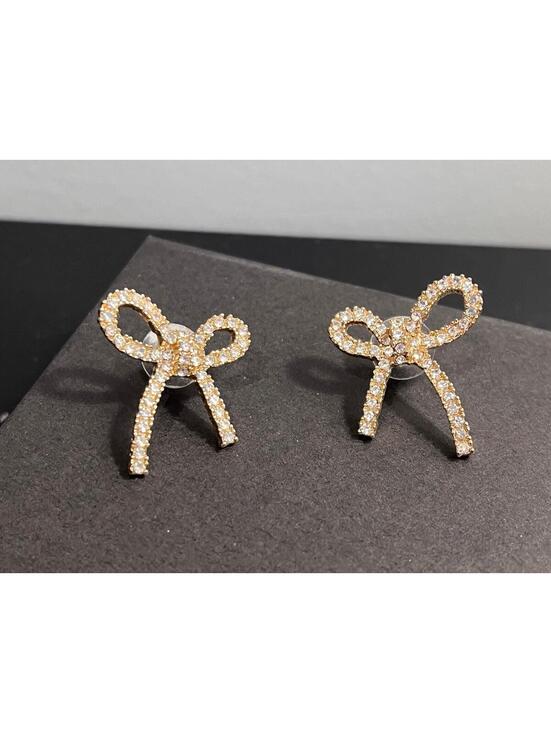 Jewelry - Bow Shaped Stud Earrings in Gold w/ Pave Cubic Zirconia